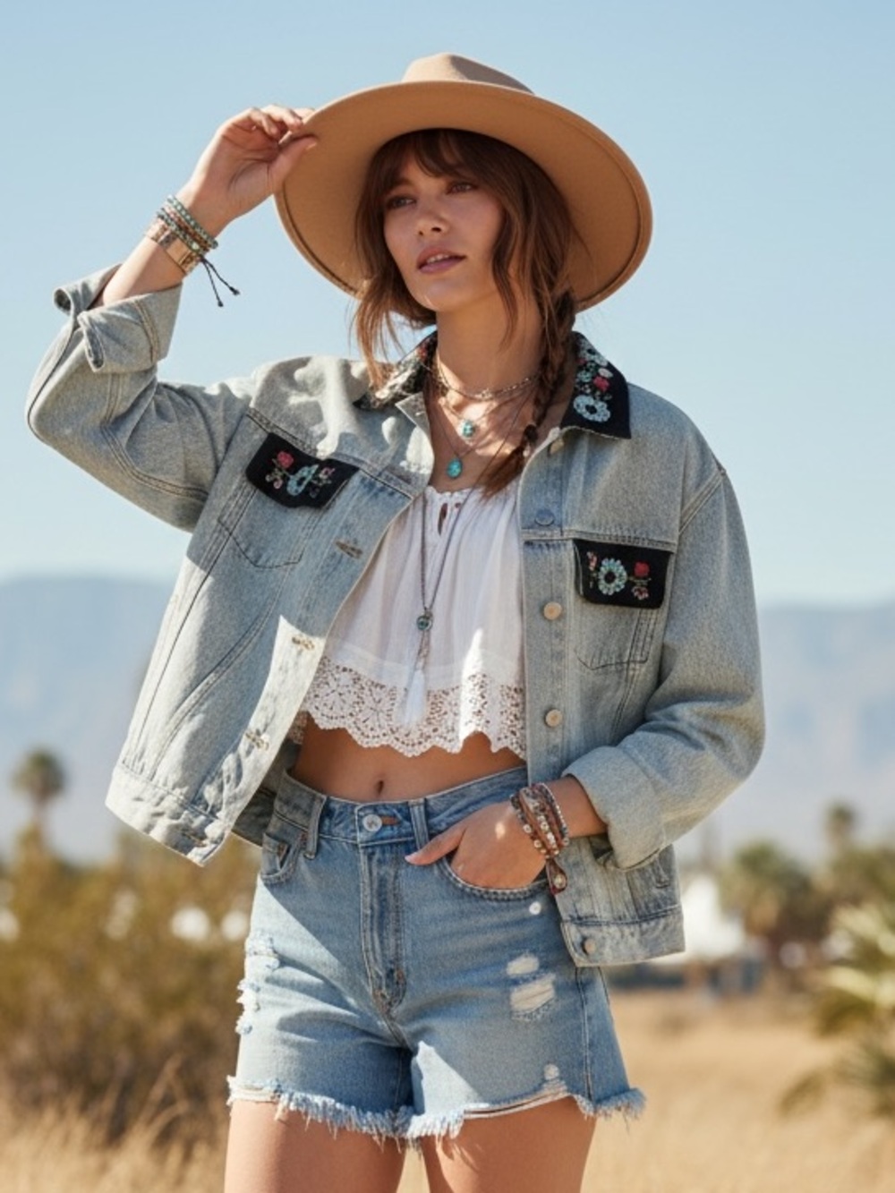Vintage Denim jacket with hand beading.‎  Getting some Free People vibes.